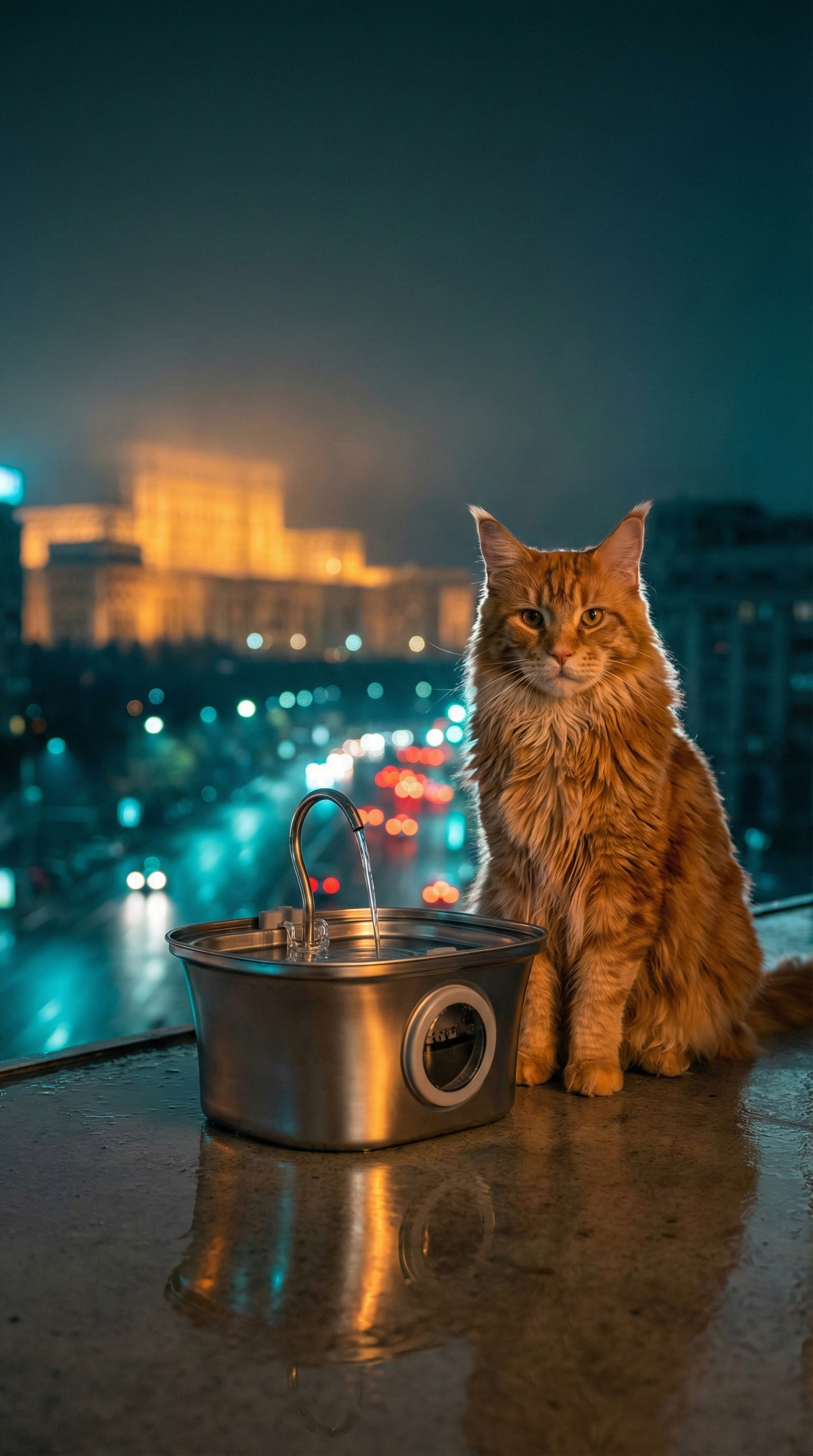 Fantana apa pisici inox 3.2L cu robinet gat lebada si LED nivel apa UrbanCat