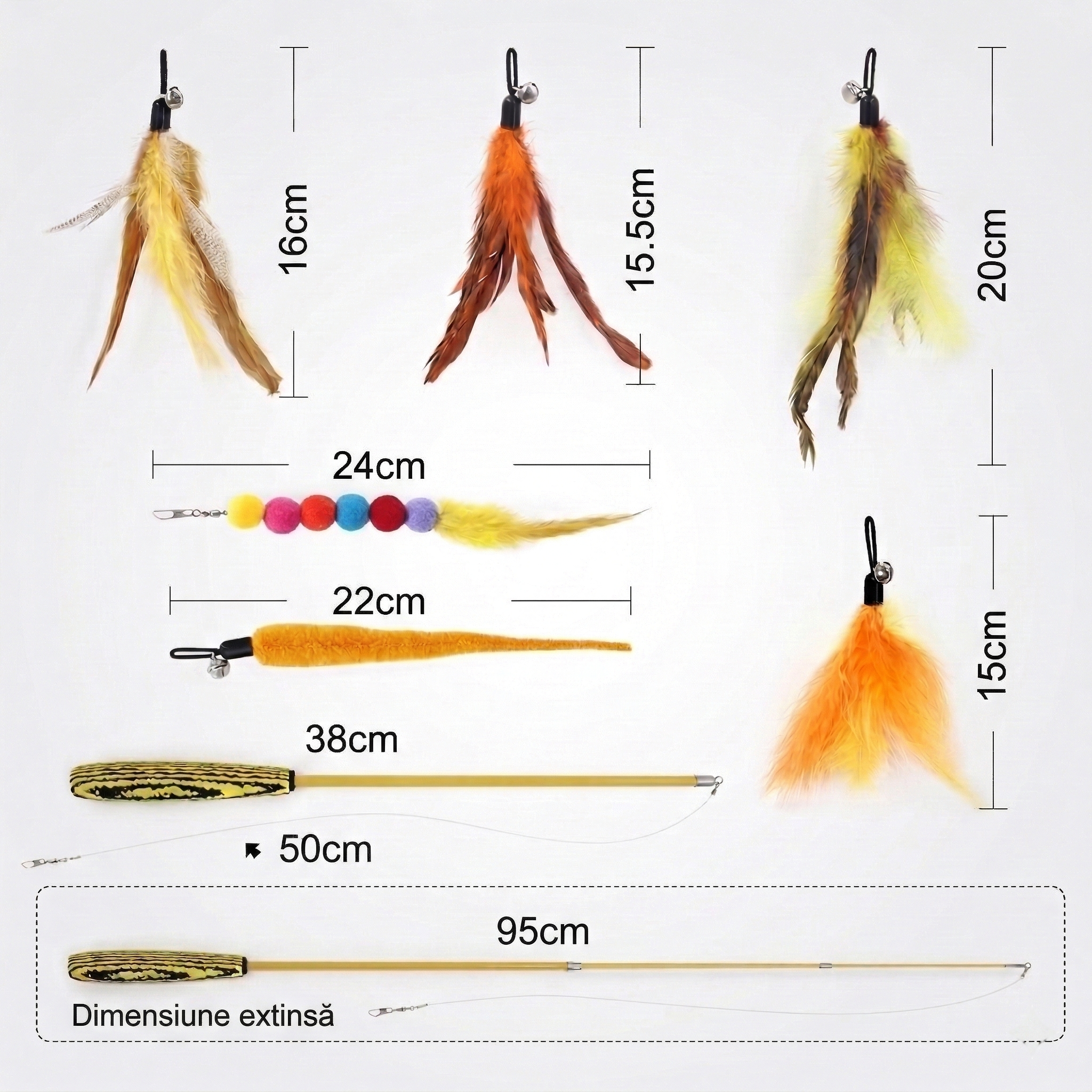 Undiță telescopică pentru pisici cu 6 jucării (Pene + Pluș)