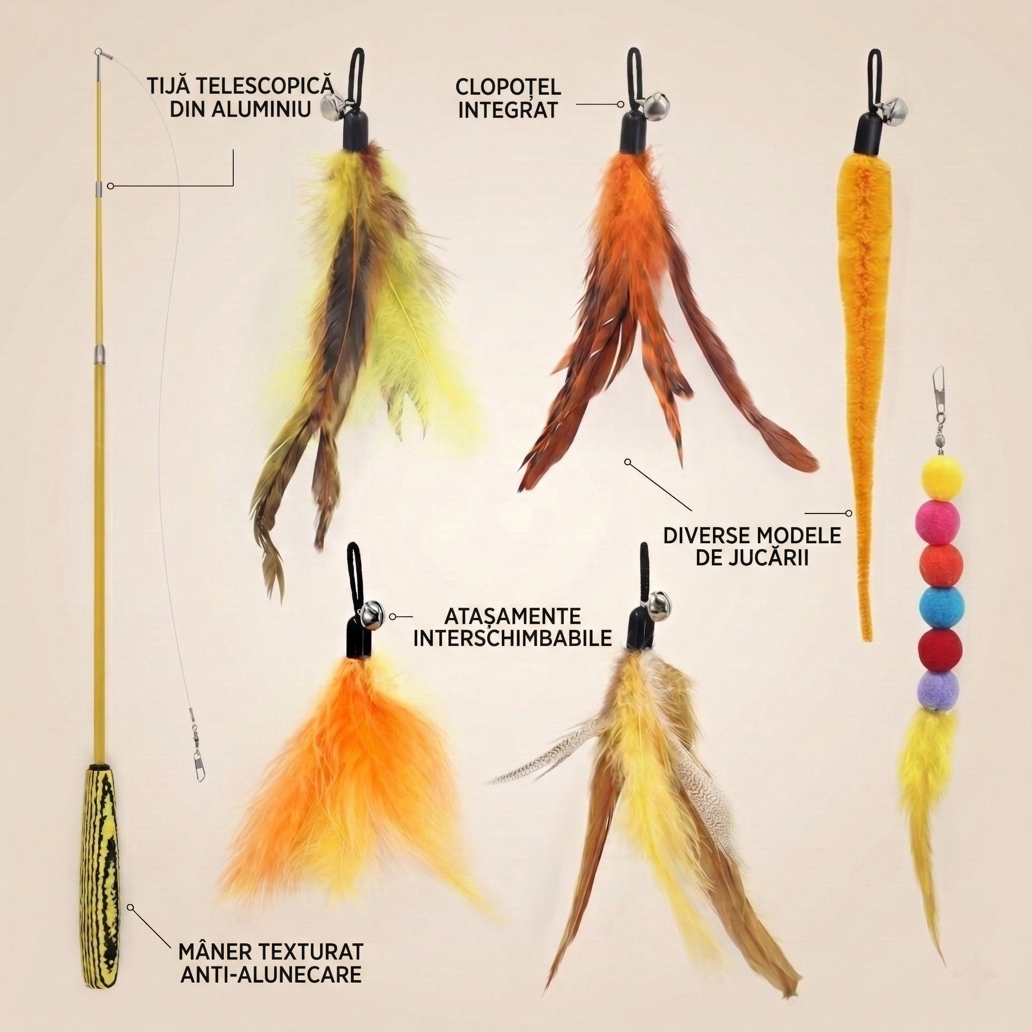 Undiță telescopică pentru pisici cu 6 jucării (Pene + Pluș)