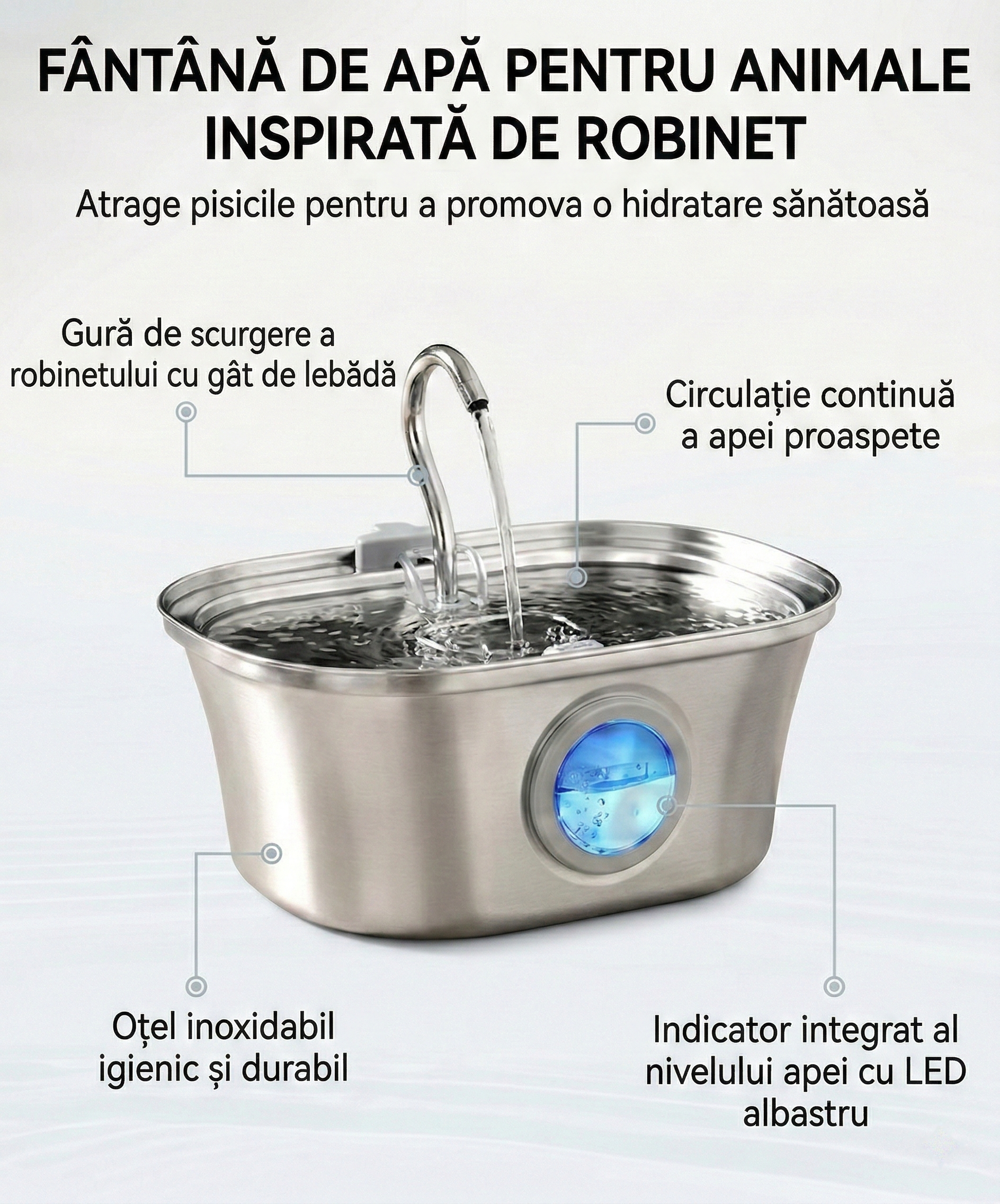 Fântână automată pentru pisici (3.2L, Inox, Robinet)