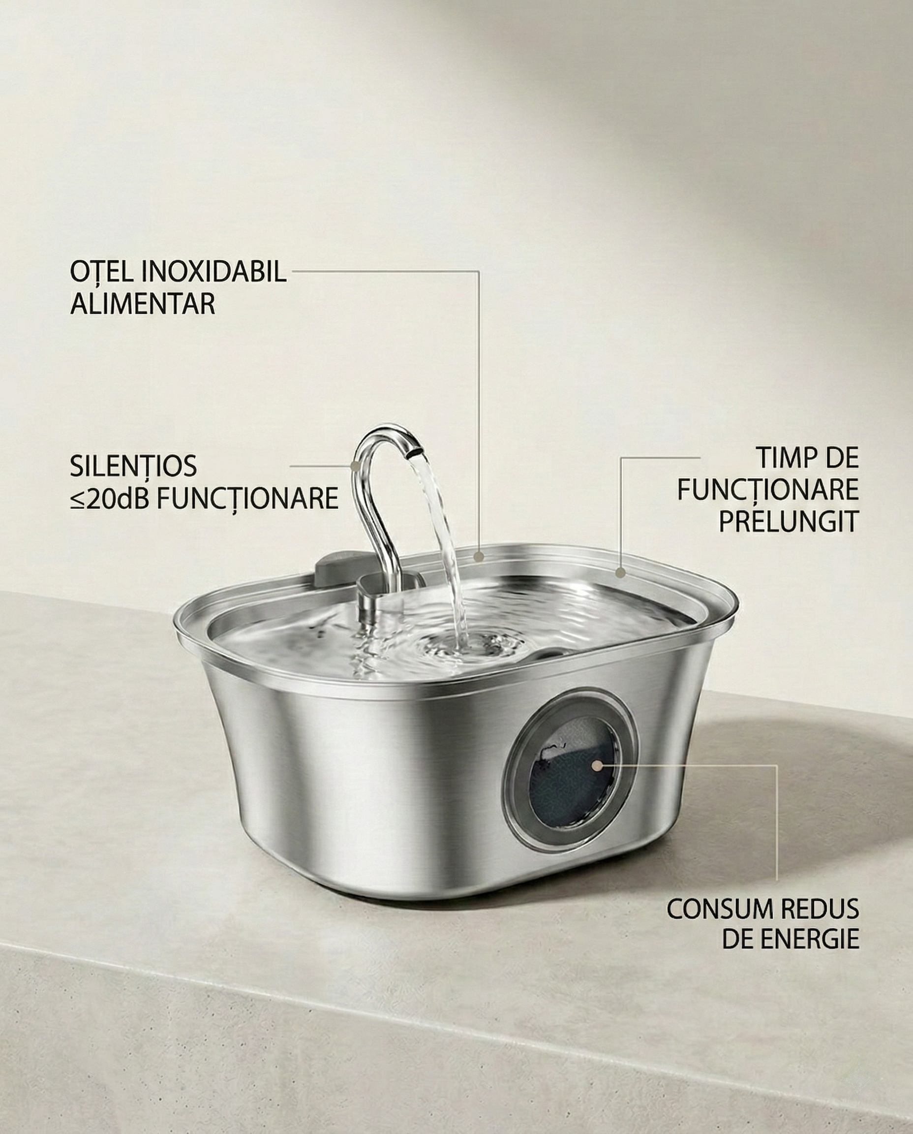 Fântână automată pentru pisici (3.2L, Inox, Robinet)