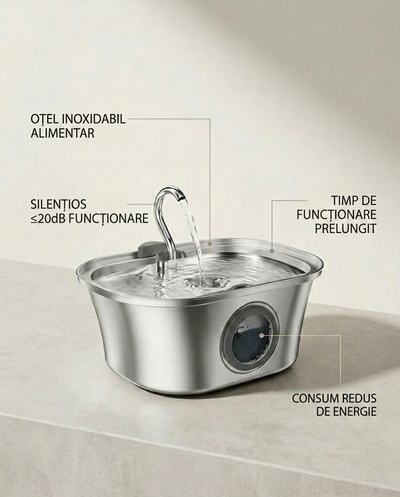 Fântână automată pentru pisici (3.2L, Inox, Robinet)
