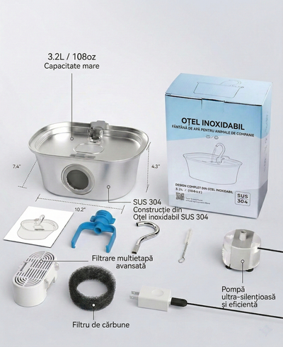 Fântână automată pentru pisici (3.2L, Inox, Robinet)