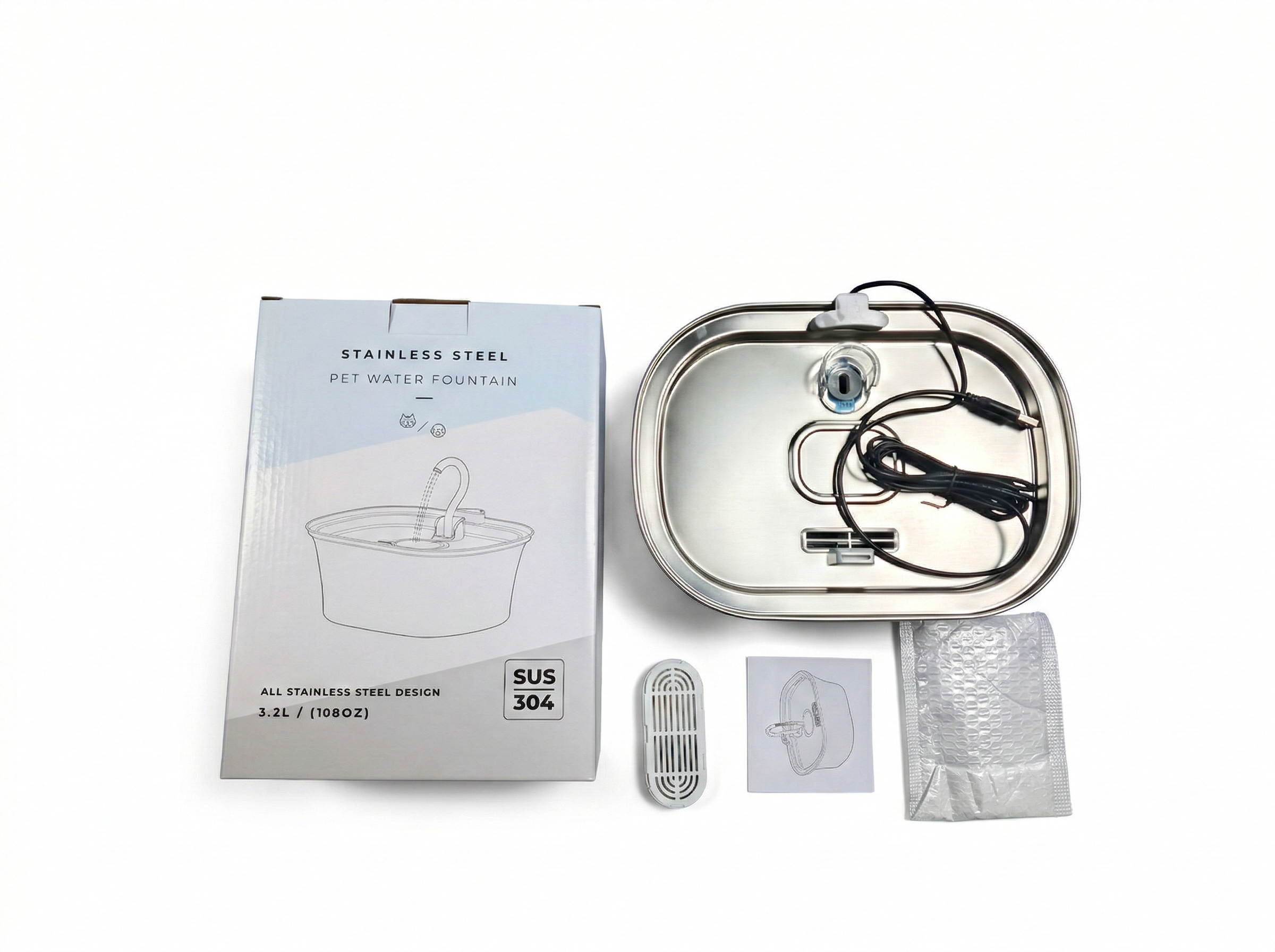 Fântână automată pentru pisici (3.2L, Inox, Robinet)