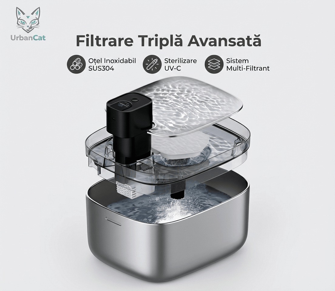 Fântână automată pentru pisici (5.5L, Inox + UV - C) - i - vory|Urban|